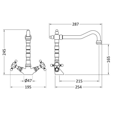 KB605 Nuie French Classic Mono Sink Mixer in Brushed Nickel Line Drawing