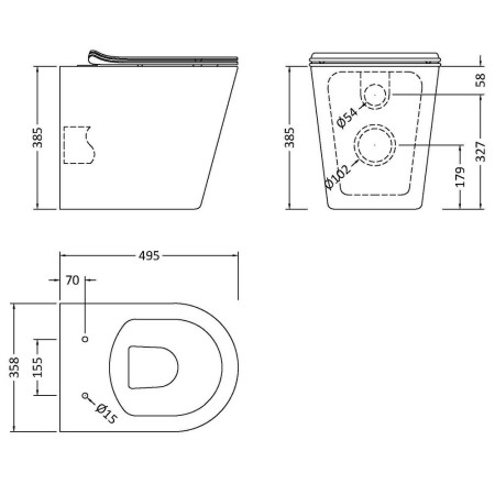 NCG606 Nuie Fenton Round Rimless Back to Wall Pan and Seat Line Drawing