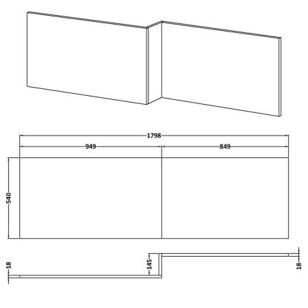 NMP1800W Nuie Gloss White 1800mm Square Waterproof Shower Bath Front Panel Line Drawing