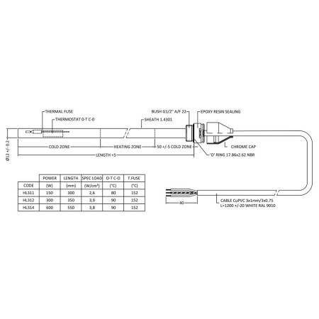 HL311 Nuie Heating Element 150 Watt Line Drawing