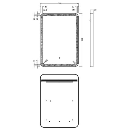 LQ703 Nuie Hydrus Chrome Framed LED Mirror with Touch Sensor Line Drawing