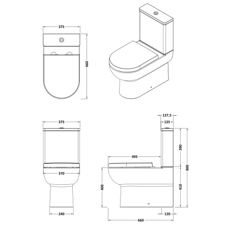 CLW007 Nuie Isla Flush to Wall Close Coupled WC Pan with Seat Dimensions