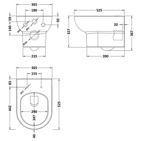 NCK240 Nuie Isla Round Wall Hung WC Pan with Seat Dimensions