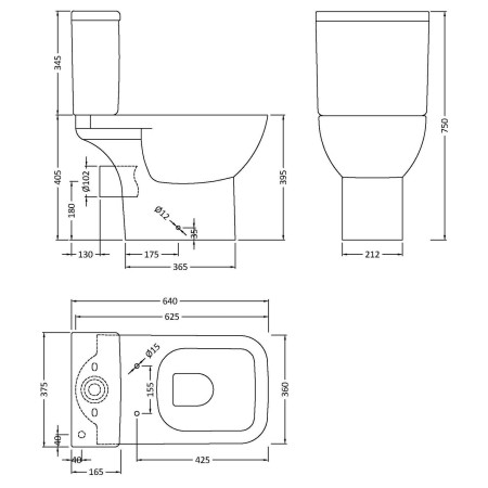 NCS260 Nuie Ivo Square Rimless Close Coupled WC with Seat Line Drawing