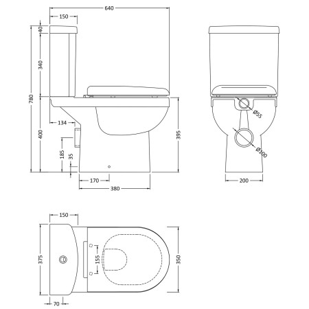 NCS250 Nuie Ivo WC Pan Cistern and Seat Line Drawing