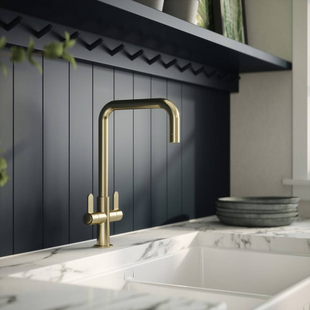 KSI805DL Nuie Kosi Mono Dual Lever Kitchen Tap in Brushed Brass Lifestyle