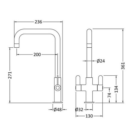 KSI805DL Nuie Kosi Mono Dual Lever Kitchen Tap in Brushed Brass Line Drawing