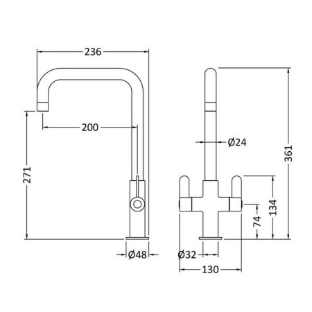 KSI605DL Nuie Kosi Mono Dual Lever Kitchen Tap in Brushed Nickel Line Drawing