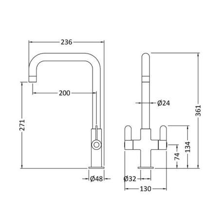 KSI405DL Nuie Kosi Mono Dual Lever Kitchen Tap in Matt Black Line Drawing