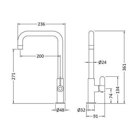 KSI805SL Nuie Kosi Mono Single Lever Kitchen Tap in Brushed Brass Line Drawing