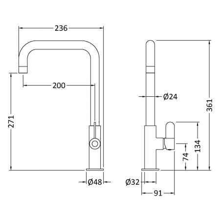 KSI605SL Nuie Kosi Mono Single Lever Kitchen Tap in Brushed Nickel Line Drawing