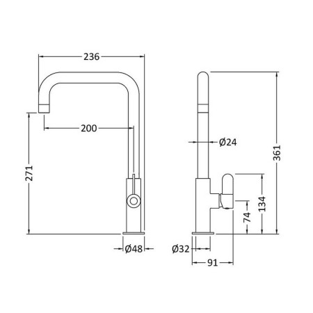 KSI305SL Nuie Kosi Mono Single Lever Kitchen Tap in Chrome Line Drawing