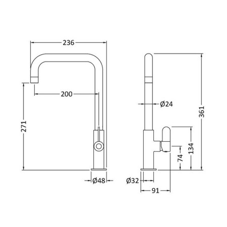KSI405SL Nuie Kosi Mono Single Lever Kitchen Tap in Matt Black Line Drawing