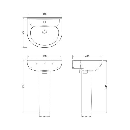 CLW003 Nuie Lawton 550mm 1TH Basin and Pedestal Line Drawing