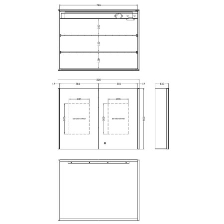 LQ094 Nuie Leda LED Touch Sensor 2 Door Mirror Cabinet Line Drawing