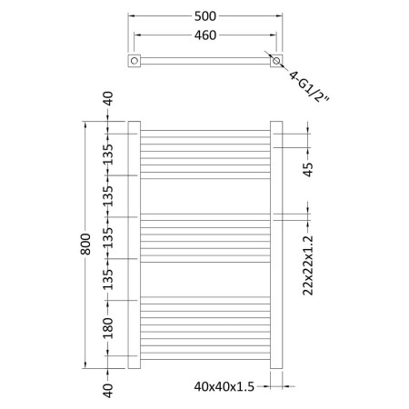 MTY108 Nuie Level Chrome 800 x 500mm Square Ladder Rail Line Drawing