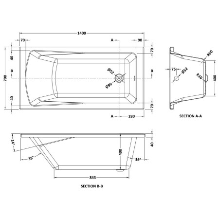 NBA404 Nuie Linton Single Ended 1400 x 700mm Squared Bath Line Drawing