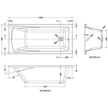 NBA405 Nuie Linton Single Ended 1500 x 700mm Squared Bath Line Drawing
