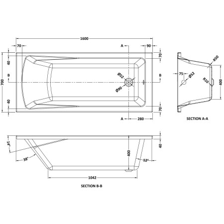 NBA407 Nuie Linton Single Ended 1600 x 700mm Squared Bath Line Drawing