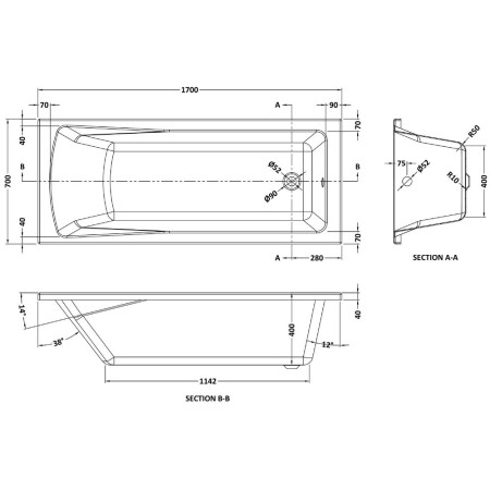 NBA409 Nuie Linton Single Ended 1700 x 700mm Squared Bath Line Drawing