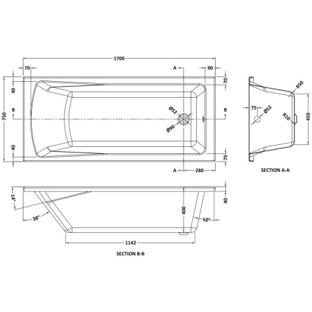 NBA410 Nuie Linton Single Ended 1700 x 750mm Squared Bath Line Drawing