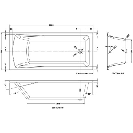 NBA414 Nuie Linton Single Ended 1800 x 800mm Squared Bath Line Drawing