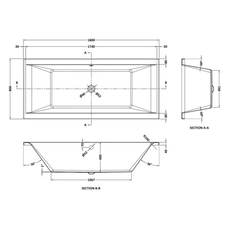 BDE008 Nuie Linton Square Double Ended 1800 x 800mm Eternalite Bath Line Drawing