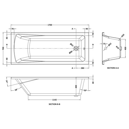 BMON008 Nuie Linton Square Single Ended 1700 x 700mm Eternalite Bath Line Drawing