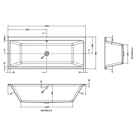 NBA909 Nuie Linton Thin Edge Double Ended 1700 x 700mm Squared Bath Line Drawing
