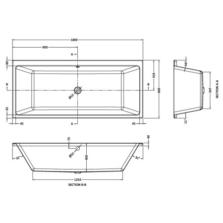 NBA914 Nuie Linton Thin Edge Double Ended 1800 x 800mm Squared Bath Line Drawing
