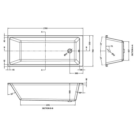 NBA809 Nuie Linton Thin Edge Single Ended 1700 x 700mm Squared Bath Line Drawing