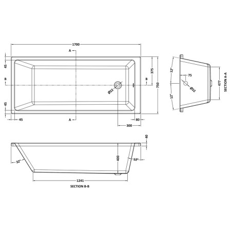 NBA810 Nuie Linton Thin Edge Single Ended 1700 x 750mm Bath Line Drawing