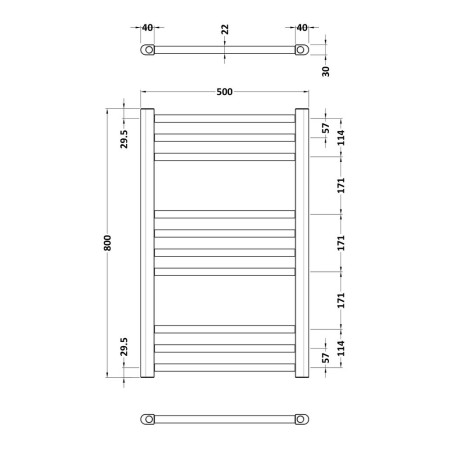 MTY803 Nuie Lorica Round Straight 800 x 500mm Brushed Brass Towel Radiator Line Drawing