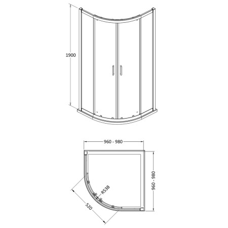 AQU10N-E8 Nuie Lucie 1000mm Quadrant Shower Enclosure in Chrome Line Drawing