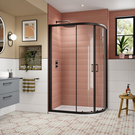 AQU128NBP-E8 Nuie Lucie 1200 x 800mm Offset Quadrant Shower Enclosure in Black Bathroom Setting