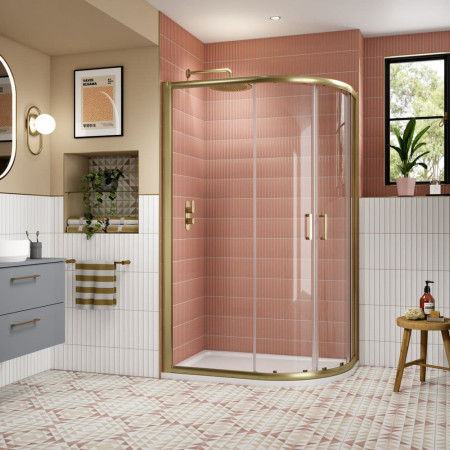 AQU128NBB-E8 Nuie Lucie 1200 x 800mm Offset Quadrant Shower Enclosure in Brushed Brass Bathroom Setting
