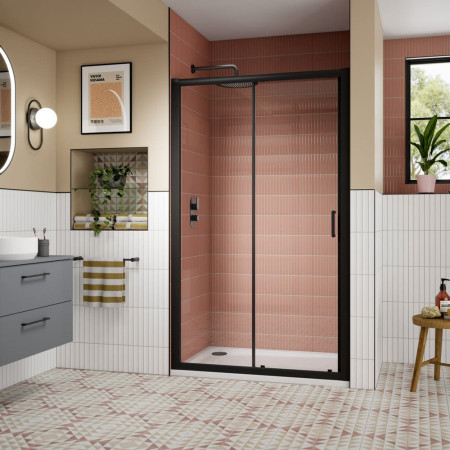 AQSL17NBP-E8 Nuie Lucie 1700mm Sliding Shower Door in Black Bathroom Setting