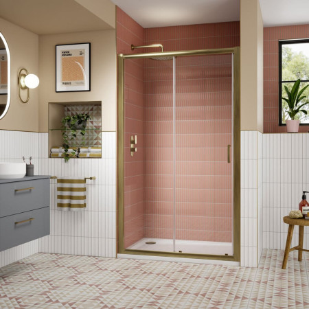 AQSL14NBB-E8 Nuie Lucie 1400mm Sliding Shower Door in Brushed Brass Bathroom Setting