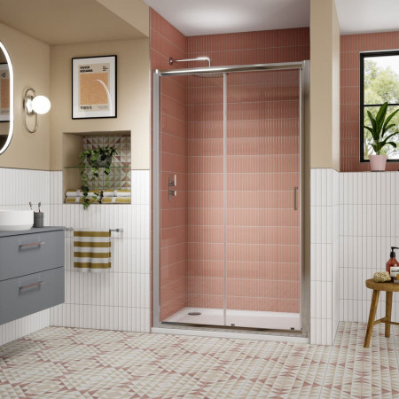 AQSL17N-E8 Nuie Lucie 1700mm Sliding Shower Door in Chrome Bathroom Setting