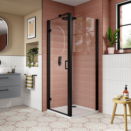 AQHD90NBP-E8 Nuie Lucie 900mm Hinged Shower Door in Black with a Side Panel
