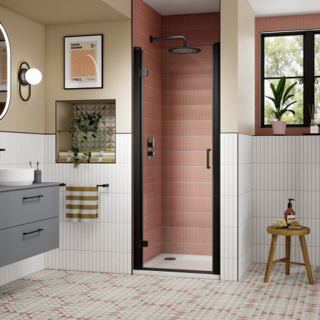AQHD80NBP-E8 Nuie Lucie 800mm Hinged Shower Door in Black Bathroom Setting