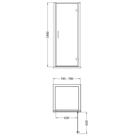 AQHD80NBP-E8 Nuie Lucie 800mm Hinged Shower Door in Black Line Drawing
