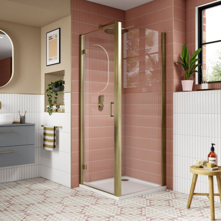 AQHD80NBB-E8 Nuie Lucie 800mm Hinged Shower Door in Brushed Brass with a Side Panel