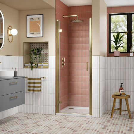 AQHD90NBB-E8 Nuie Lucie 900mm Hinged Shower Door in Brushed Brass Bathroom Setting