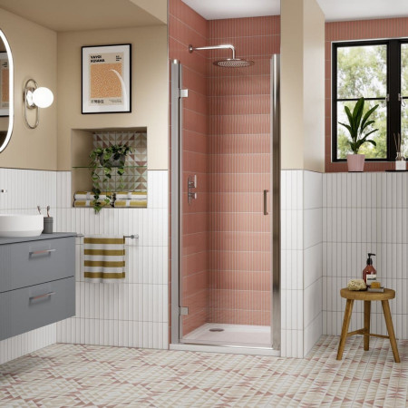 AQHD80N-E8 Nuie Lucie 800mm Hinged Shower Door in Chrome Bathroom Setting