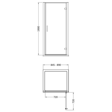 AQHD90N-E8 Nuie Lucie 900mm Hinged Shower Door in Chrome Line Drawing