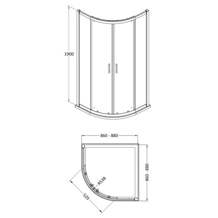 AQU9NBP-E8 Nuie Lucie 900mm Quadrant Shower Enclosure in Black Line Drawing