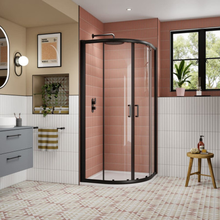 AQU9NBP-E8 Nuie Lucie 900mm Quadrant Shower Enclosure in Black Bathroom Setting