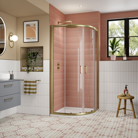 AQU10NBB-E8 Nuie Lucie 1000mm Quadrant Shower Enclosure in Brushed Brass Bathroom Setting