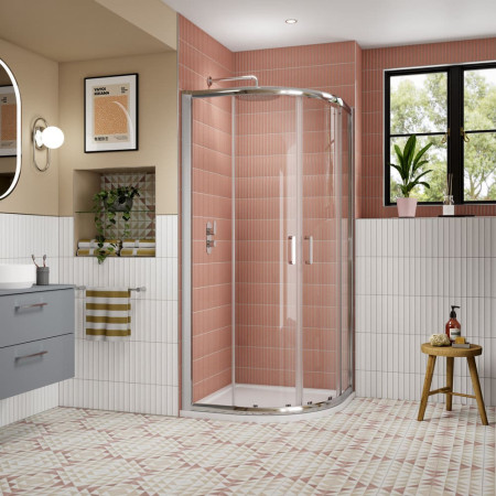 AQU9N-E8 Nuie Lucie 900mm Quadrant Shower Enclosure in Chrome Bathroom Setting